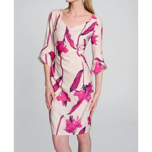NEW JOSEPH RIBKOFF woven twill floral print sheath dress in light sand/pink - Picture 1 of 3